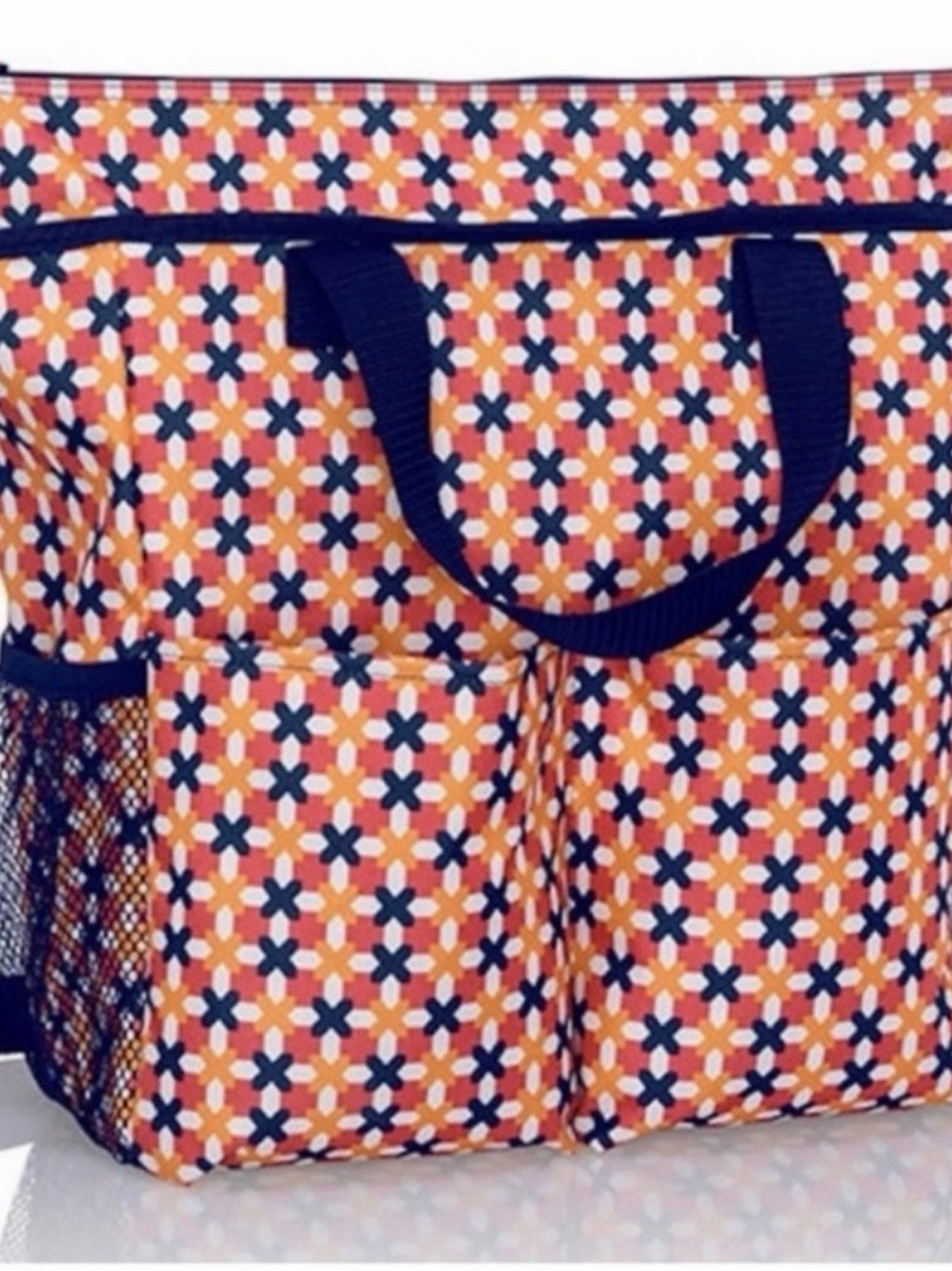 Thirty One Patterned Orange Storage Tote with Navy Handles